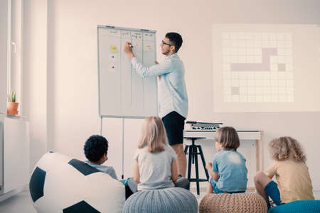 Young handsome teacher explaining project to group of kids sitting on poufsの写真素材