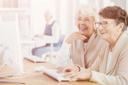 Bright photo of two smiling senior women with glasses during computer classes for elderly people at third age universityの写真素材