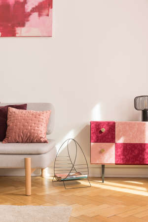 Fancy magazine rack between fashionable burgundy and pastel pink cabinet and grey stylish sofa with...