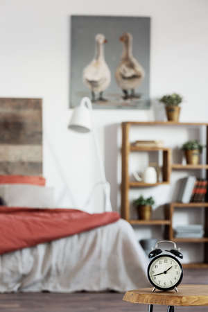 Rustic poster with two ducks, wooden bookshelf and double bed with pillows and duvet