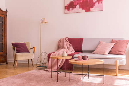 Two wooden coffee tables next to modern grey sofa with pillows and blankets in lovely pastel pink...