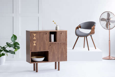Elegant, wooden cupboard in a bright living room interior with a gold fan, gray chair and monstera plant. Real photoの写真素材