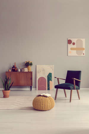 Mid century living room interior design with retro furnitureの写真素材
