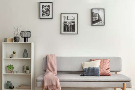 White wooden bookshelf with plants and vases next to grey couch with pastel pink blanket