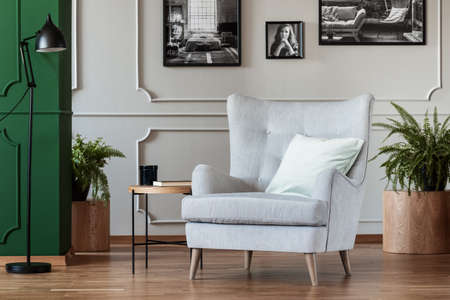 Comfortable grey armchair with cozy pillow in trendy living room interior with black and white...