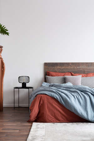 Vertical capture of a contemporary white bedroom with coral and light blue bedclothesの写真素材