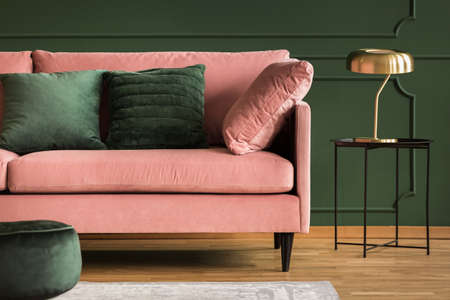 Powder pink sofa and golden lamp in a dark green living room interior. Real photoの写真素材