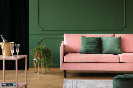Real photo of an elegant living room interior with a pink sofa, green wall and champagneの写真素材