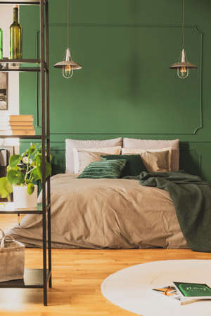 Two industrial lamps above comfortable double bed with cozy bedding, copy space on empty wallの写真素材
