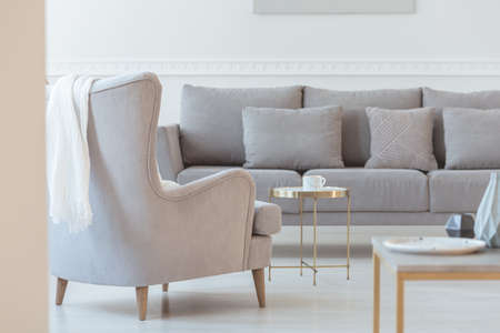 Simple grey couch in bright scandinavian living room interiorの写真素材