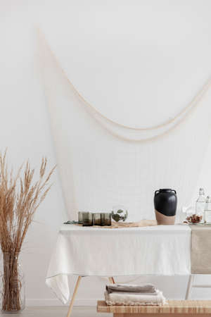 Vertical view of minimal dining room interior