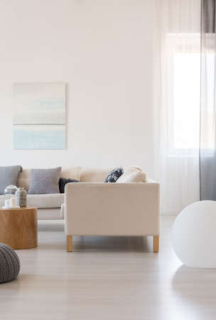 Classy living room interior with sofa and coffee table in bright apartmentの写真素材