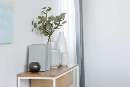 Green flowers in grey vase next to books on wooden console table in bright living room interiorの写真素材