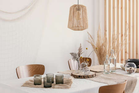 Linen napkins on the table, rustic wedding decorationの写真素材