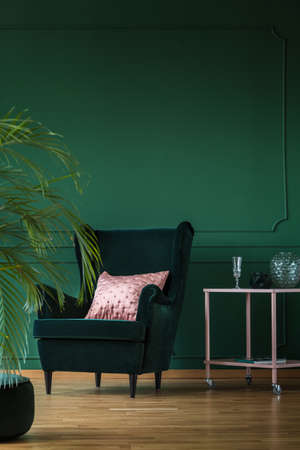 Copy space on empty dark green wall of stylish living room with comfortable armchair and pastel pink...