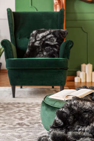 Closeup of furry blanket and open book on emerald green poufの写真素材