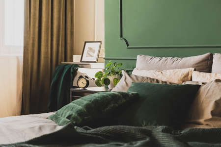 Dark green trendy interior design in fashionable apartment, copy space on empty wallの写真素材