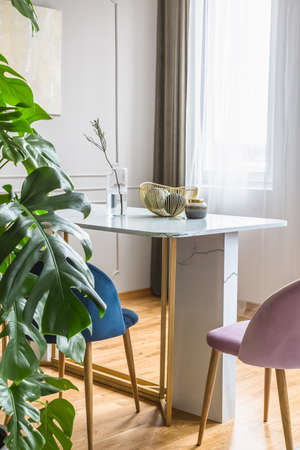 Velvet pastel pink and petrol blue chairs at small dining table in bright living roomの写真素材