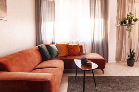 Modern coffee table next to living room sofa in simple interiorの写真素材
