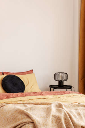 Copy space on empty white wall of fashionable bedroom interior with king size bed