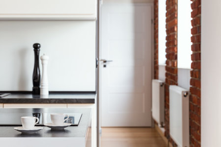 White and brick apartment interior in contemporary styleの写真素材