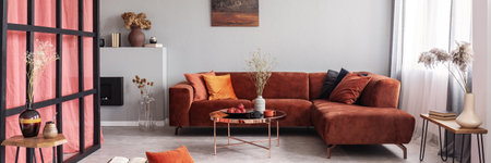 Elegant living room interior with comfortable sofa, real photoの写真素材