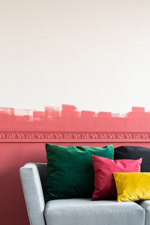 Modern living room interior with burgundy and white ombre wallの写真素材