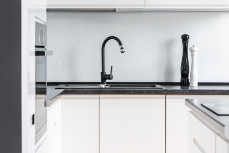 Black sink and countertop in white modern kitchenの写真素材