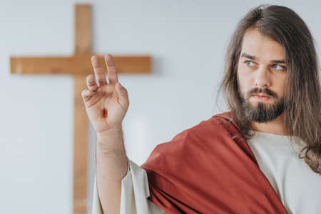 Jesus Christ with wound on his hand after crucifixionの写真素材