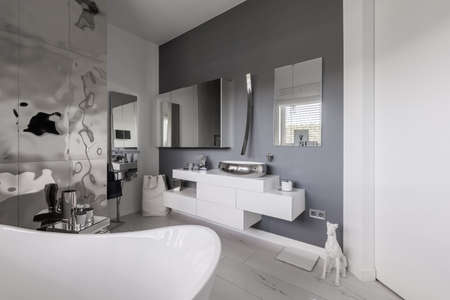 Glamor bathroom interior with trendy gray design with white furnitureの写真素材