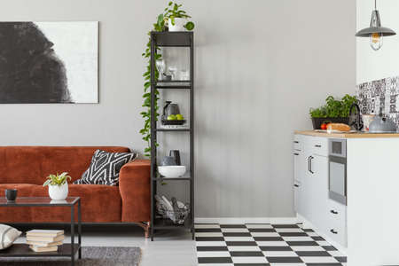 Open space studio apartment with kitchen and living areaの写真素材