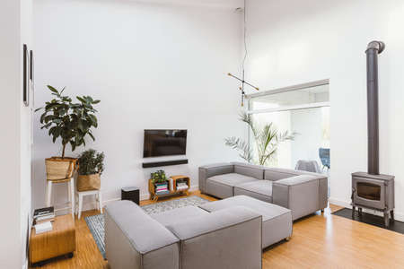 TV, pants and gray lounge furniture in spacious living room interiorの写真素材