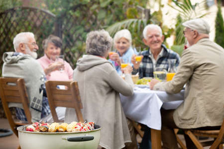 Group of happy senior people during garden partyの写真素材