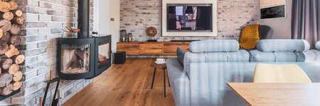 Scandinavian living room interior with big tv screen, black modern fireplace and gray sofaの写真素材