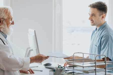 Young male nurse giving the documents to an older doctorの写真素材