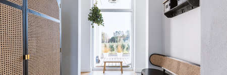 Stylish retro furniture in elegant bright corridor of trendy homeの写真素材