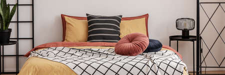 Black hoops on a white wall in an elegant bedroom with orange bedding on the bedの写真素材