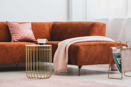 Close up of modern couch with pillor and blanketの写真素材