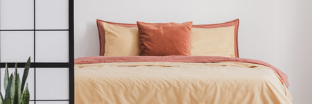 Copy space on empty white wall of fashionable bedroom interior with king size bedの写真素材