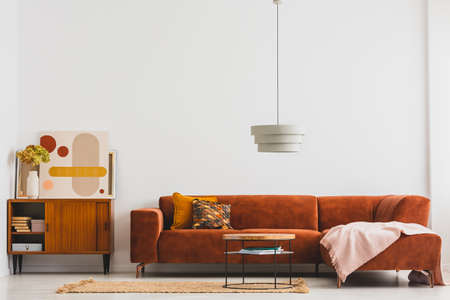 Front view of a brown stylish couchの写真素材