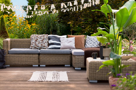 Cozy modern decorated place to relax in the gardenの写真素材