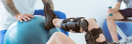 Pretty patient sitting on the blue mat in the gym and training with the ballの写真素材