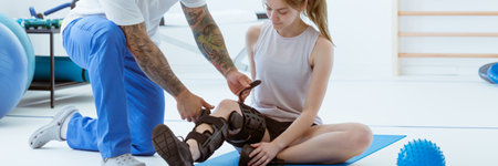 Teenage girl after car accident with orthosis on the leg exercises on blue mat in the company of physiotherapistの写真素材