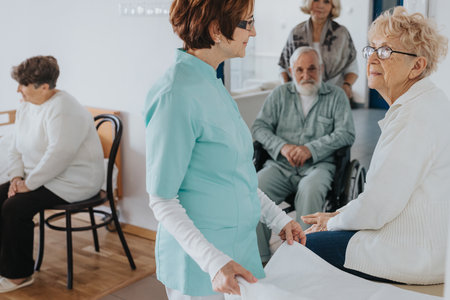 Senior patients and nurse in local nursing homeの写真素材
