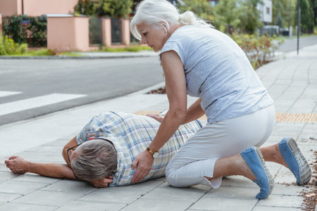 side view of senior woman helping man to walk on pavement in cityの写真素材