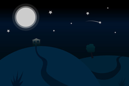 Meadow at night fairytale illustration moon house and starsのイラスト素材