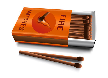 Realistic vintage matches and matchbox. 3D view isolated on white background. Vector illustrationのイラスト素材