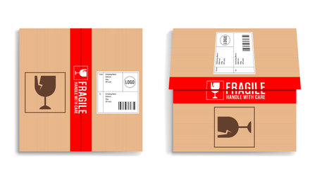 3d cardboard box - Top view box mockup template with red adhesive tape marked fragile. Shipping box vector illustrationのイラスト素材