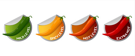 Hot spicy level sticker labels vector illustration. Spicy taste scale indicators rating sign isolated on whiteのイラスト素材