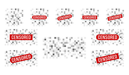 Set of pixel censored signs elements. Red alert censorship bar concept. Censor vector illustration isolated on whiteのイラスト素材